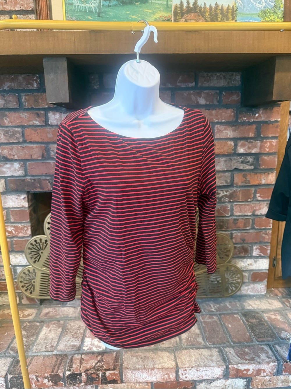 MICHAEL Michael Kors Striped Ruched Side Gold Zipper Tunic Top Red Black L